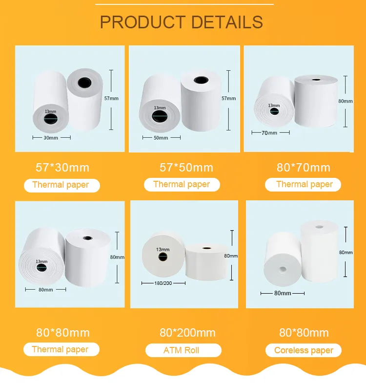 48GSM/50GSM/55GSM/60GSM 65GSM POS Thermal Paper Rolls 3 1/8 X 230 Till Rolls 80X80