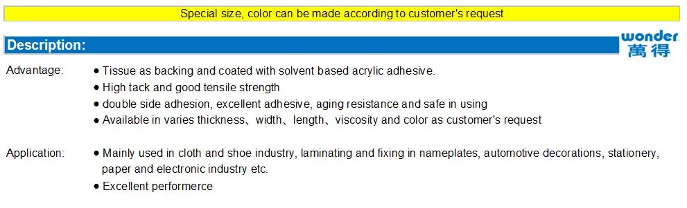 Good Quality Wonder 63532 Self Adhesive Solvent Based Double Sided Tissue Tape